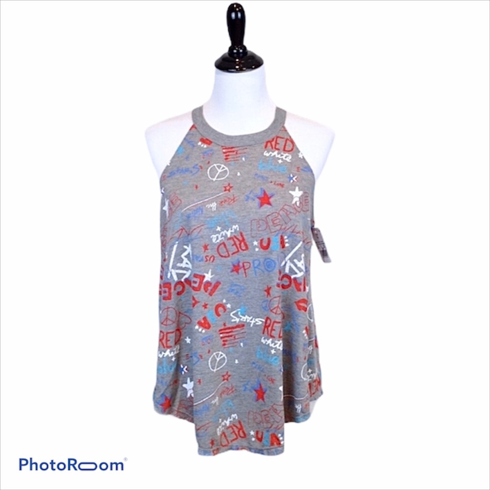 Modern Lux gray with patriotic graffiti print loose fit tank top